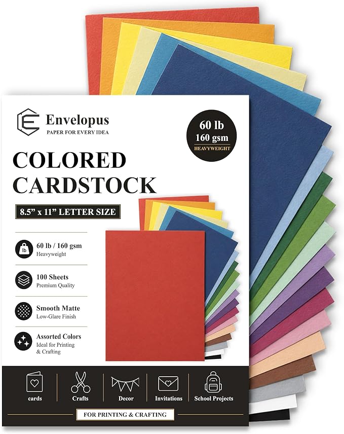Colored Cardstock 8.5 x 11, 20 Assorted Construction Paper, 60 lb | Cardstock Printer Paper 8.5 x 11, 100 Sheets of Assorted Card Stock for Classroom, Greeting Cards, Scrapbooking and Crafts.