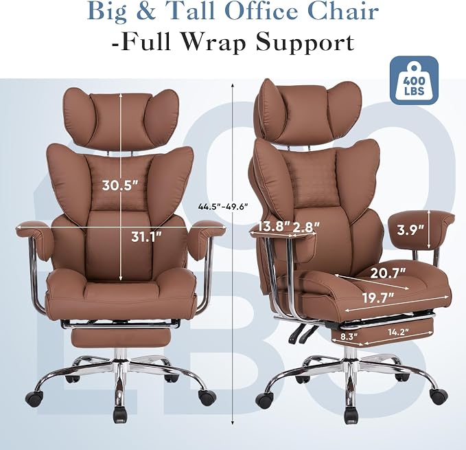 DUMOS Big and Tall Home Office Desk Chair, Executive Chair with Footrest | Scratch-Resistant PU Leather, Ergonomic Reclining, Pocket Spring Support, 400 LBS Weight Capacity, Brown