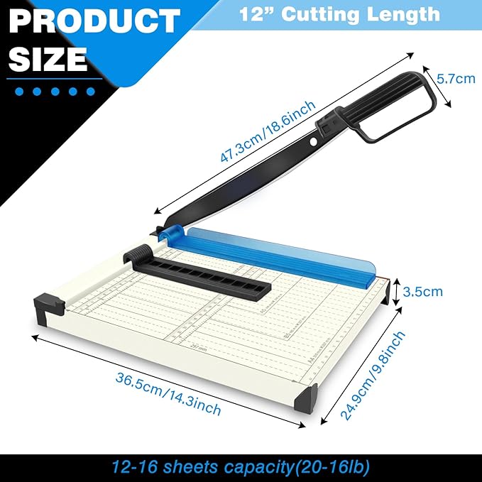 Paper Cutter A4, Guillotine Paper Cutting Board, 12 Sheets Capacity, Heavy Duty Paper Trimmer with Safety Guard, Paper Guillotine for Cardstock, Photos, Office, Classroom, Scrapbooking - Blue
