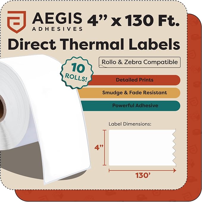 4" X 130 ft Direct Thermal Continuous Feed Labels (10 Rolls) | Cut-to-Length Labels for Shipping and Warehouse Workflows - 1" Core Compatible With Zebra and Rollo Printers