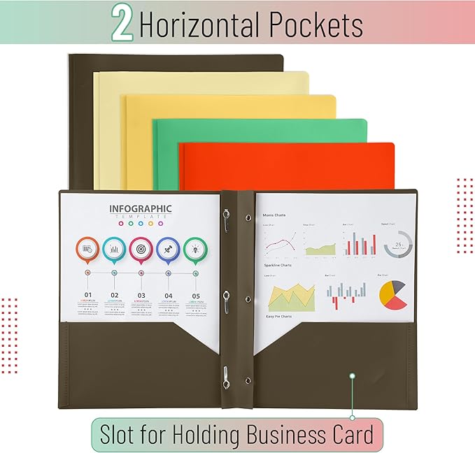 Mr. Pen- Plastic Folders with Pockets and Prongs, 5 Pack, Letter Size, Retro Colors, Flexible Plastic Folders with Prongs