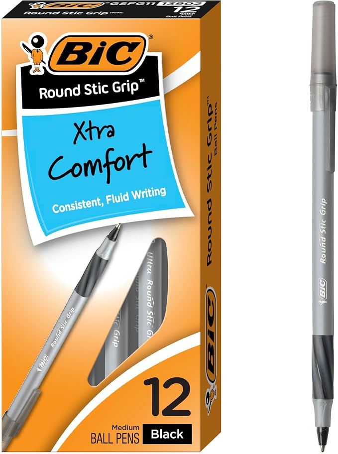 BIC Round Stic Grip Xtra Comfort Black Ballpoint Pens, 12-Count Pack | Medium Point 1.2mm Tip Size | Soft Grip Design for Enhanced Comfort | Smooth Ink Flow for Effortless Writing