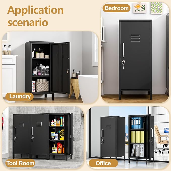 Metal Storage Locker,35.4" H Home Office Storage Lockers for Employees with 1 Locking Door ＆ 2 Adjustable Shelves,File Storage Cabinets forGarage, School, Office, Gym (Black)