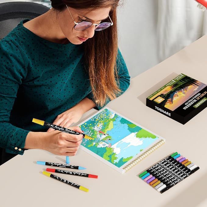48 Colors Precision Dual Tip Acrylic Paint Markers Pens - Brush & Fine | Performs on Rock, Wood, Paper, Fabric, Egg, Scrapbook, Glass, Ceramic, Canvas, DIY Crafts Art Gift - School Supplies