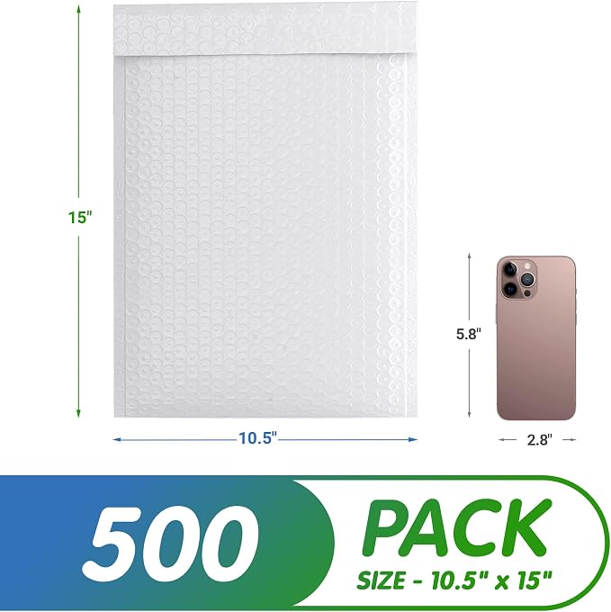 Poly Bubble Mailers, 10.5 x 15 Inch White Padded Mailers, Self Seal Shipping Envelopes, Lightweight Poly Mailer Bags, Waterproof Mailing Bags, Pack of 500