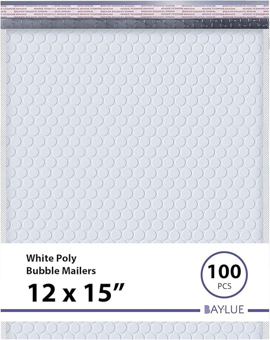 White Large Poly Bubble Mailers 12x15 inch | Self Seal Padded Envelopes Cushioned Bubble Mailer | Usable Size 12x15 | WaterProof | Lightweight mailing Shipping Bags | 100 Pack Bulk | USA Made