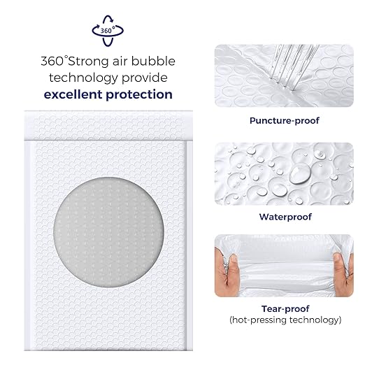 Fuxury White Bubble Mailers 10.5x16 Inch 25 Pack, Self Seal Padded Envelopes Waterproof Shipping Bags, Padded Mailers, Bubble Bags for Mailing, Packaging, Small Business, #5