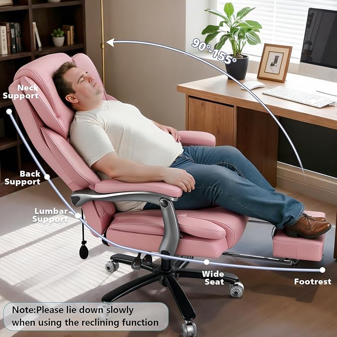 600lbs Big and Tall Office Chair for Heavy People,Heavy Duty Comfy Executive Office Desk Chair with Adjustable Lumbar Support,High Back Reclining PU Leather Computer Chair (Classic, Pink)