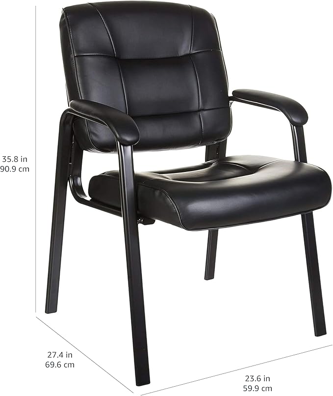 Amazon Basics Classic Faux Leather Office Desk Chair with Armrests, Metal Frame, Black, 27.4D x 23.6W x 35.8H in