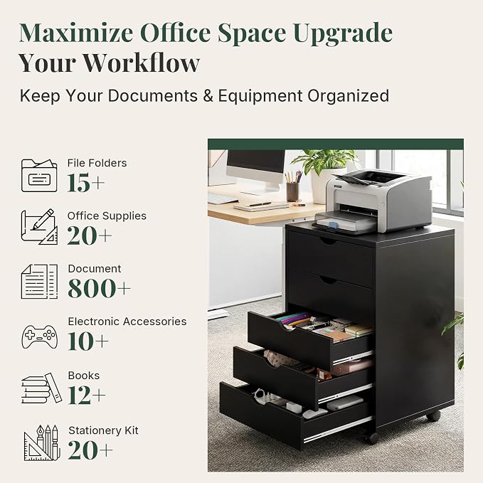 5 Drawer Mobile File Cabinet, Printer Stand with Wheels | Wood Under Desk Storage Cabinet, Rolling Printer Cart, Vertical Filing Chest for Small Space, Home Office, Living Room, Black