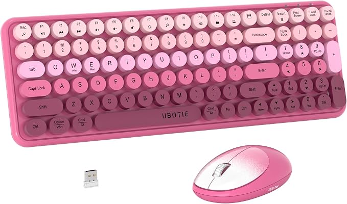 UBOTIE Wireless Keyboards and Mouse Combo (Rosy Gradient) | Colorful Gradient Rainbow Color Retro Typewriter Flexible Keyboard, 2.4GHz Connection and Optical Mouse for PC Wins Mac