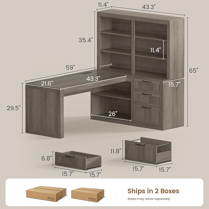 SEDETA Farmhouse L Shaped Computer Desk, 59'' Wood Office Desk with 3 Drawers and 5-Tier Bookshelf, Corner Desk with Storage Shelves and Power Outlet for Home Office Small Space, Grey