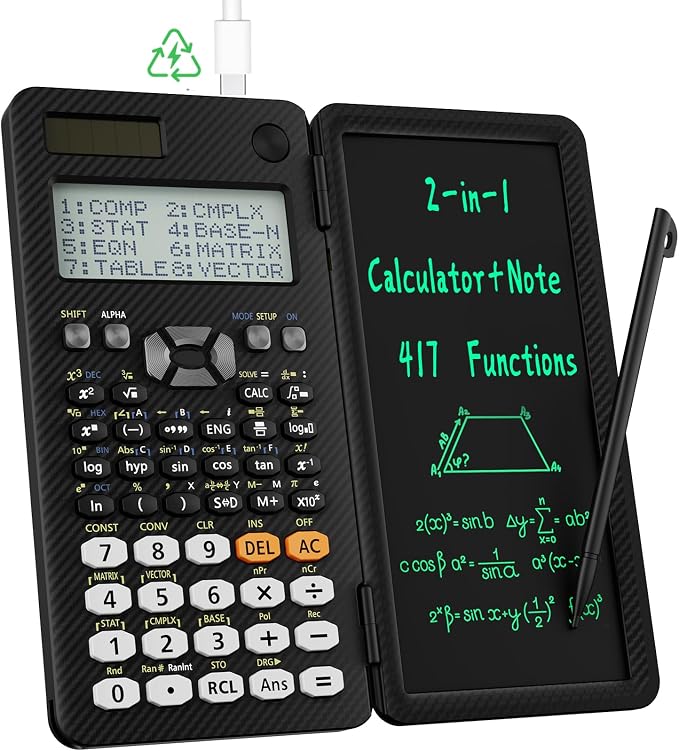 991ES MAX 417 Functions Scientific Calculators 4-Line Display with Notepad | ROATEE Rechargeable CalcNote, Foldable Portable for High School College Students and Teacher Back to School Supplies(Black)