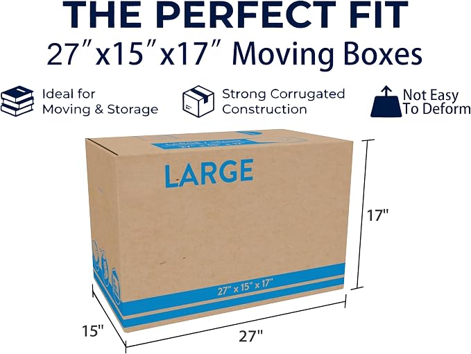 Large Moving Boxes 10 Pack, 27x15x17 In Corrugated Cardboard | Corrugated cardboard boxes, 32 ECT, heavy duty, for packing clothes, decorations, books during moving or storage.