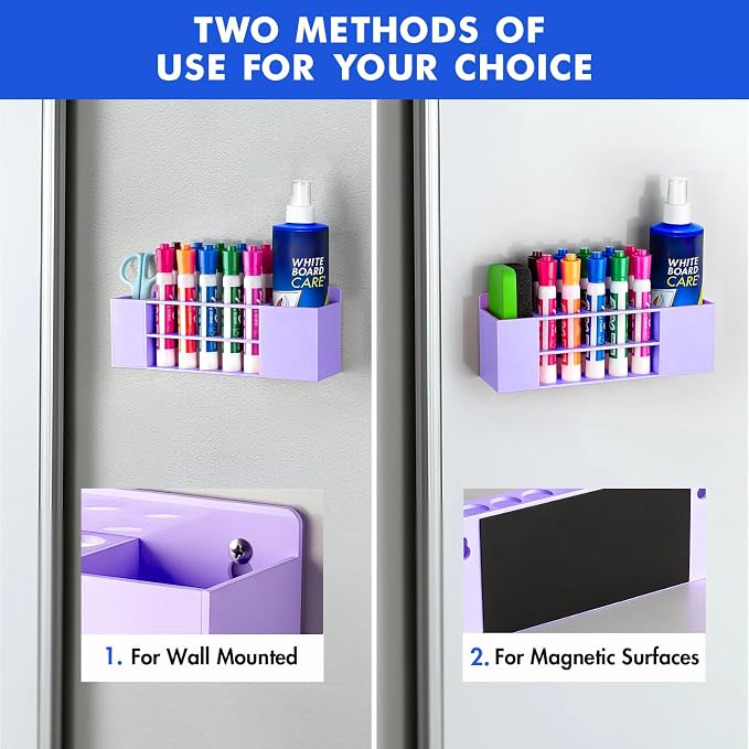 Wall Mounted Magnetic Dry Erase Marker Holder for White Board | Acylic Strong Magnet Pen Holder for Fridge&Refrigerator, Pencil Holder for Classroom, Office, Locker Organizer-Purple
