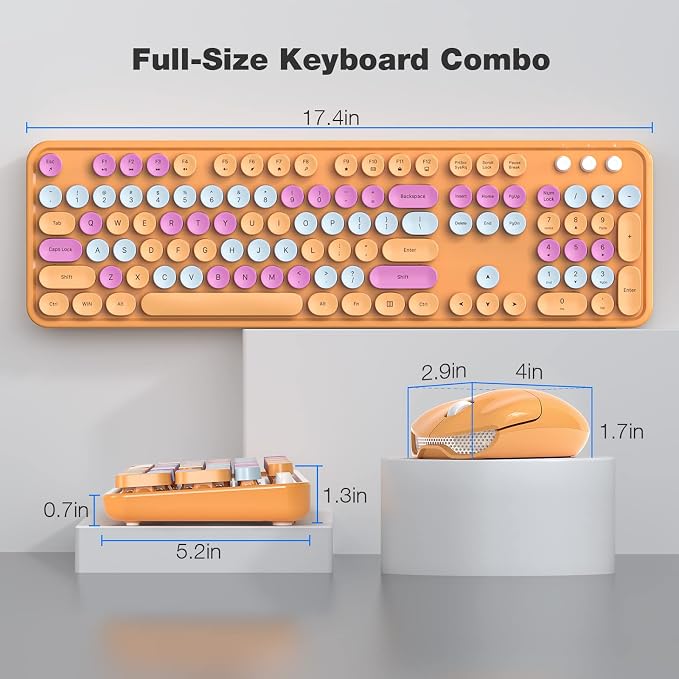 MOFII Wireless Keyboard and Mouse Combo, Retro Keyboard with Round Keycaps, 2.4GHz Dropout-Free Connection, Cute USB Mouse for PC/Laptop/Windows XP/7/8/10 (Orange-Colorful)