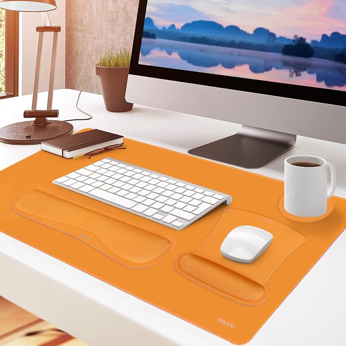 MOSISO Keyboard Mouse Pad Set, Large Gaming Mousepad&Keyboard Wrist Rest | Mouse Wrist Rest&Coaster, Ergonomic Non-Slip Mousepad&Easy Typing Cushion with Memory Foam for Home Office, Orange