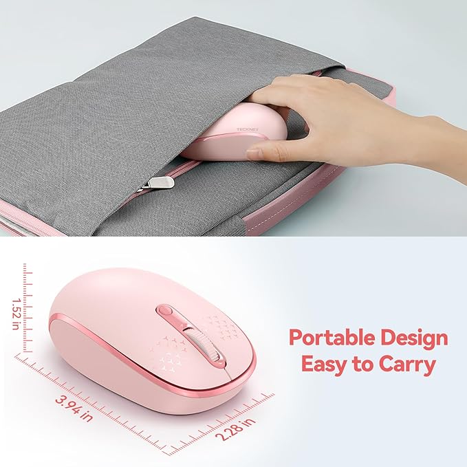 TECKNET Compact Ambidextrous Wireless Mouse for Laptop Pink | 2.4G Quiet Computer Mouse with USB Receiver, 3 Adjustable DPI Portable Cordless Mice for Chromebook, Laptop, PC, Mac