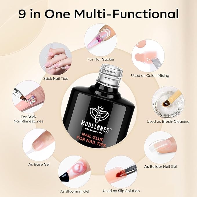 modelones 9 in One Gel Nail Glue Prep Dehydrator for Acrylic Nails Tips/Bloom Gel/Adhesive Bond, Long Lasting Curing Needed