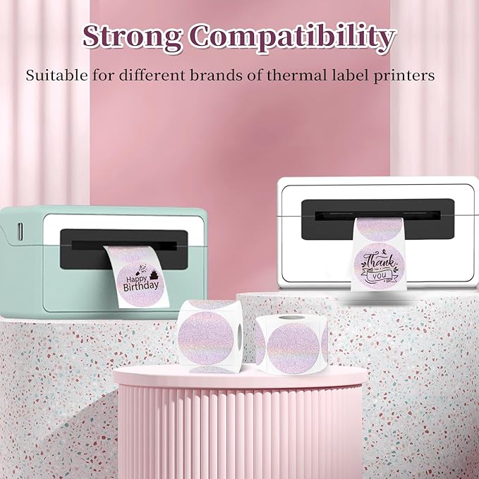 1.5 Inch Thermal Labels,Holographic Circle Direct Thermal Stickers,for Address Design DIY Logo Business(300 pcs/Pink dots)