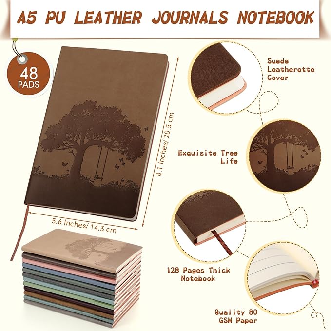 TaoBary 48 Pcs Employee Appreciation Gift A5 PU Leather Journals Bulk Colorful Tree Lined Journal Notebook Soft PU Leather Cover Ruled Writing Notebook for Office School Teacher Nurse (Assorted Colors)