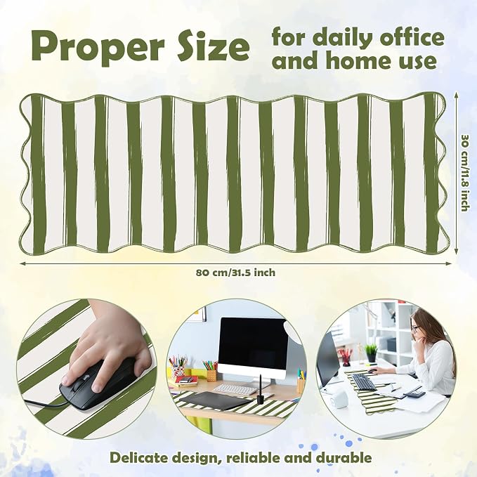 1 Pcs Green Scalloped Striped Desk Mat 31.5 x 11.8 Inch Large Cute Mouse Pad Computer Mat Non Slip Waterproof Rubber Base with Border Stitching Soft Keyboard Pad for Home Office Gaming Makeup