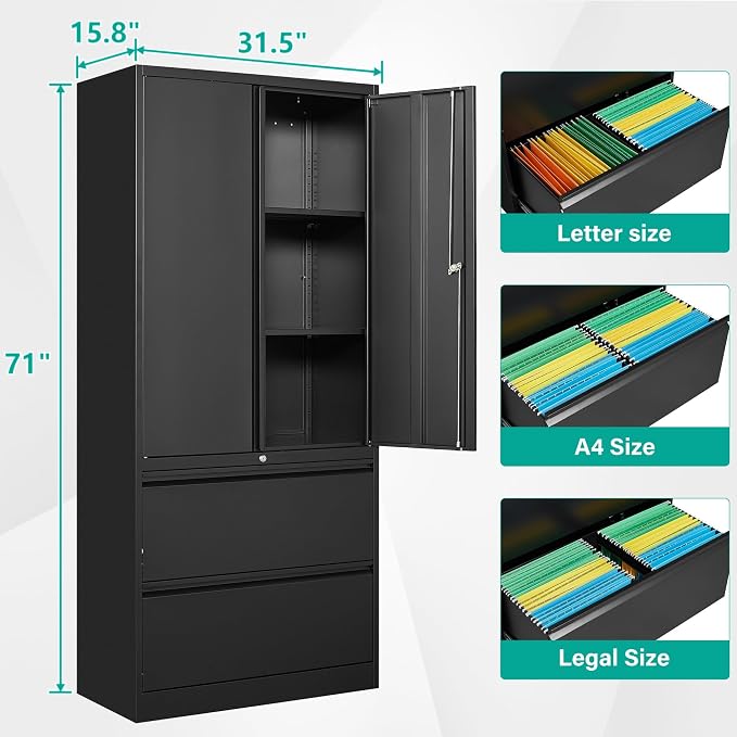 Black Metal Storage Cabinet with Drawers and Lock,Locking Steel Storage Cabinet with Doors and Shelves,71" Office File Cabinets for Home Office,Warehouse,Garage,School (Black, 2 Drawers)
