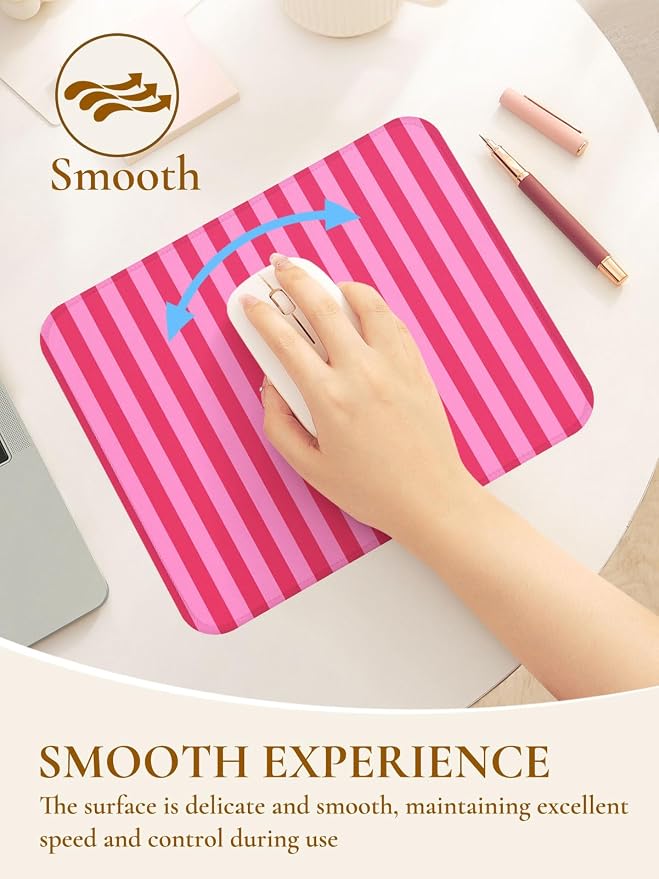 Square Cute Striped Mouse Pad with Stitched Edge, Premium Waterproof Cloth Aesthetic Small Stripe Mouse Mat, Non-Slip Rubber Base Funny Mousepad Desk Accessories,Striped Hot Pink
