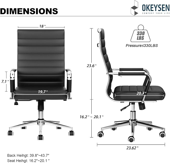 Okeysen Office Desk Chair, Ergonomic Leather Modern Conference Room Chairs, Executive Ribbed Height Adjustable Swivel Rolling Chair for Home Office Set of 10. (Black)
