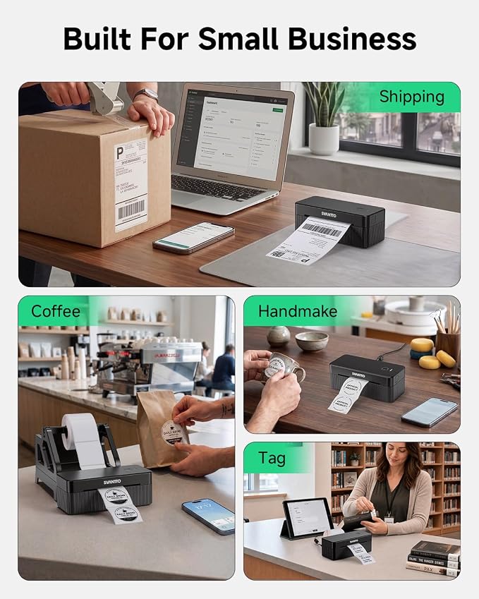 SVANTTO Thermal Label Printer, 4x6 Shipping Label Printer Bluetooth Wireless Label Printer for Small Business Compatible with Etsy, Shopify, USPS, iPhone, Mac, Windows