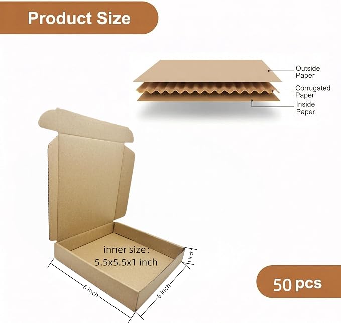 6 x 6 x 1 Inches Small Shipping Boxes Corrugated Packing Box 50 Pack | Kraft Cardboard Gift Boxes Small Business Moving Mailing DIY