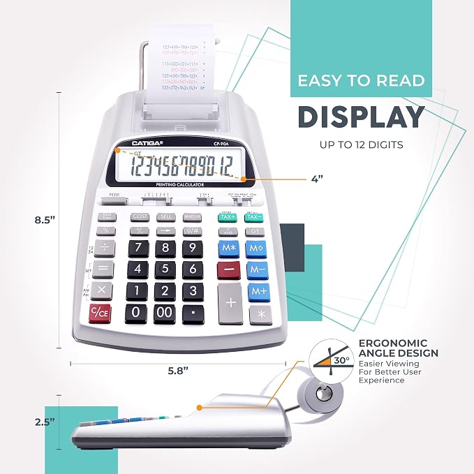 CATIGA Printing Calculator with Tape Print Out - 10 Key Adding Machine with Paper Roll, Desktop Electric Calculator for Accounting, Business, Finance, Home Office Use CP90A