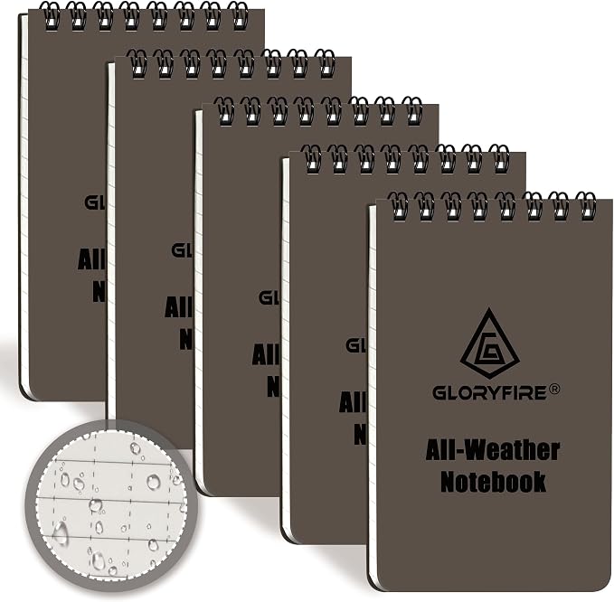 GLORYFIRE 5 Pack Waterproof Notebook, All-Weather Pocket Notepad 3"x5" | Spiral Memo Paper Notepad with Waterproof Grid Paper, PVC Cover for Outdoor Office Recording