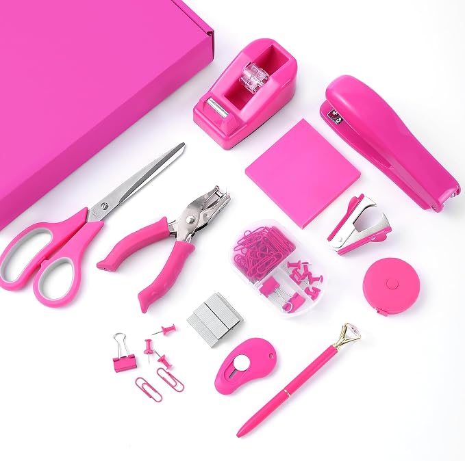 Hot Pink Desk Accessory Kit Cute Office Supplies Set Desktop Stapler Set Includes Staple Remover Hole Punch Tape Dispenser Ballpoint Pen Scissor Mini Box Cutter Tape Measure Paper Clips Sticky Notes