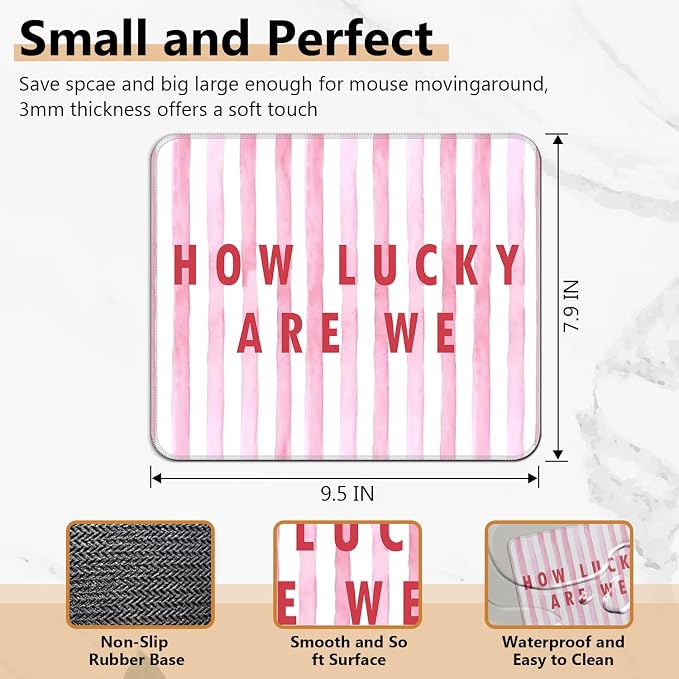 Pink Positive Affirmations Mouse Pad, How Lucky are We Inspirational Striped Square Mousepad Mouse Mat with Anti-Slip Rubber Base for Computer Laptop Home Office Dorm Desk, 9.5x7.9 in