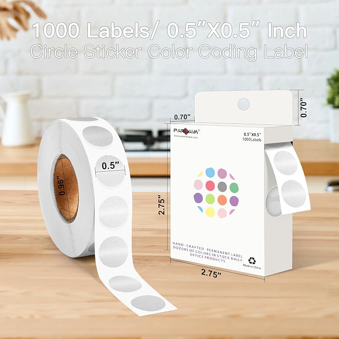 PARLAIM 1/2 Inch Circle Sticker Labels,1000 Stickers Round Color Coding Circle Dots Stickers,Roll Dot Stickers Label for Office Home Office (Silver)