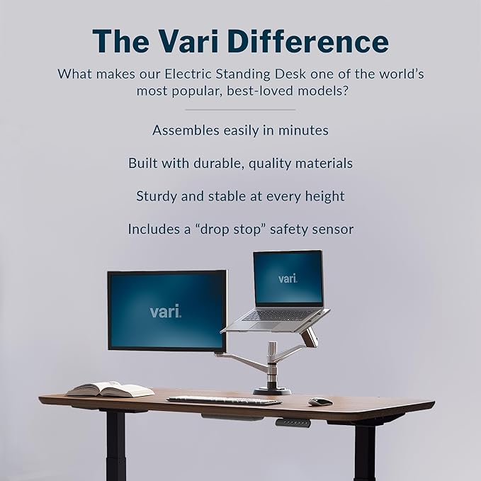 Vari Classic Electric Standing Desk - VariDesk Height Adjustable Sit/Stand Desk - Dual Motor with Memory Presets, Stable T-Style Legs - Gaming or Home Office Workstation - 60”x30”, Walnut/Black