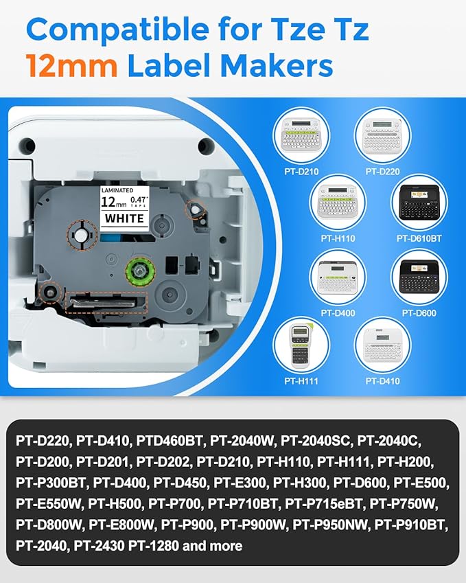 TZ 12mm 0.47 White Label Tape Compatible with Brother P Touch Label Maker Tape TZe-231 TZ-231, Work for Ptouch PT-D210 PT-H110 PT-D600 PT-D220 PT-D410,PT-D460BT, PT-1290, Black on White Tape, 6-Pack
