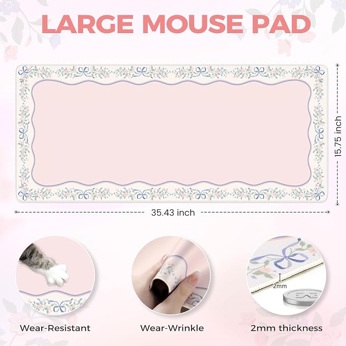 iCasso Pink Desk Mat,Cute Desk Pad for Keyboard and Mouse | Anti-Slip Large Mousepad,Soft Lycra Surface Computer Mat Women,Girly Keyboard Pad for Home Office