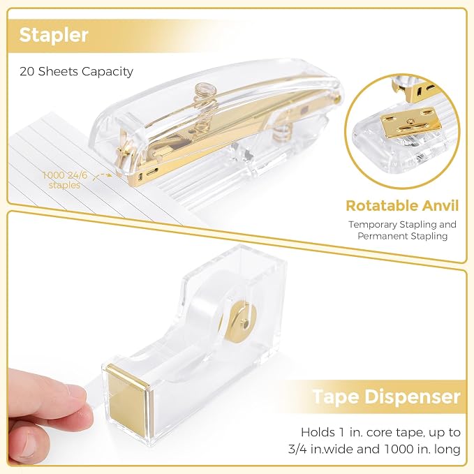SKYDUE Gold Office Supplies Set with Pencil Holder for Desk | Gold Desk Accessories with Gel Pen, Stapler, Tape Dispenser, Scissors,Clips and 1000pcs Staples, Office Decor for Women