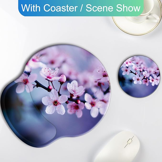 Ergonomic Mouse Pad with Wrist Support Rest,Large Mousepad Gel Wrist Rest, with Coaster Non-Slip & Pain Relief for Computer, Desk, Home&Office-Cherry Blossom
