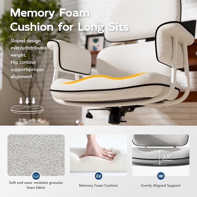 White Office Chair, Memory Foam Seat Mid Century Modern Desk Chair | 3.9" Sloped U-Shaped Memory Foam Cushion, Granular Linen Fabric, Lumbar Support, 1.2mm Sturdy Metal Tube, 400LBS Capacity
