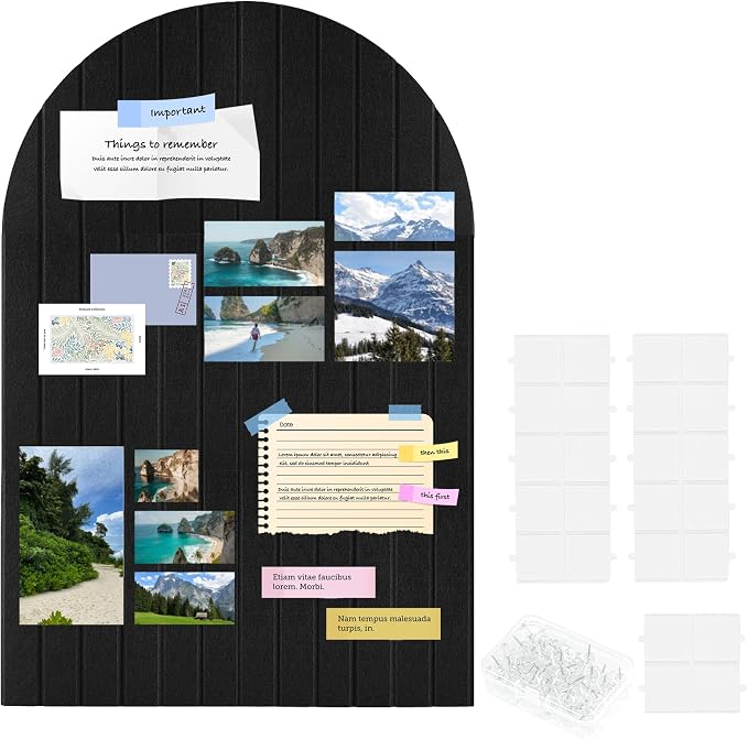 Large Arched Felt Bulletin Board-35 × 24" Stylish Black Cork Board | 6 Pieces Adhesive Panels with 60 Pins for Displaying Photos,Notes Alternative for Office and Home Wall Decor
