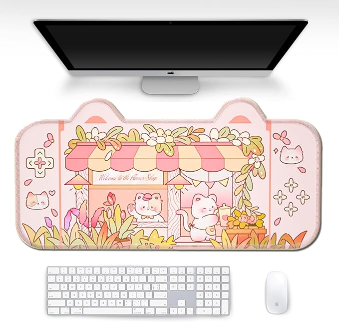 PERFECTSIGHT Cute Cat Desk Mat Kawaii Flower Store Desk Pad, Pink Switch Large Gaming Mouse Pad, Funny Florists Deskmat Mousepad, Anime Laptop Keyboard Pad Office Home Decor for Women Girls, Kitty