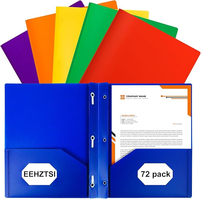 72-Pack Plastic Folders with Pockets and Prongs,2-Pocket Folders with 3 Fasteners, Holds 8-1/2" x 11" Paper for School/Office/Home, Assorted