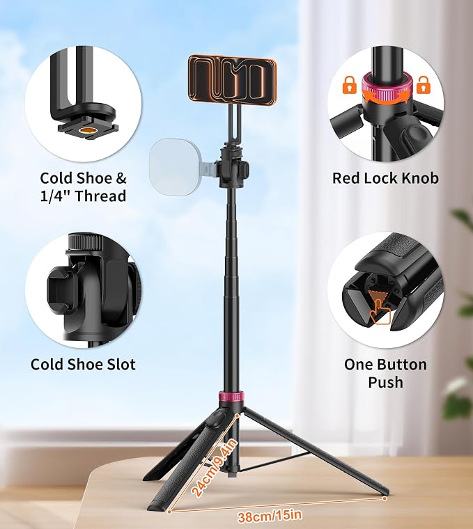 69" Magnetic Phone Tripod Stand Selfie Stick with Remote & Phone Mount | Portable Stand holder Rechargeable with Tripod Leg，360°Rotatable Travel Tripod Compatible for iPhone/Android/Magsafe