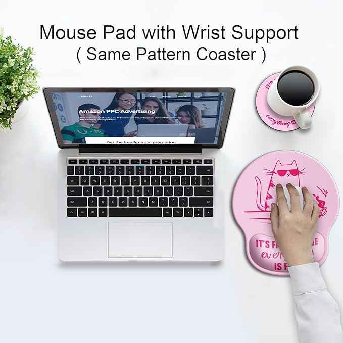 Ergonomic Mouse Pad with Wrist Support Rest,Large Mousepad Gel Wrist Rest, with Coaster Non-Slip & Pain Relief for Computer, Desk, Home&Office-Pink Cute Funny Cat