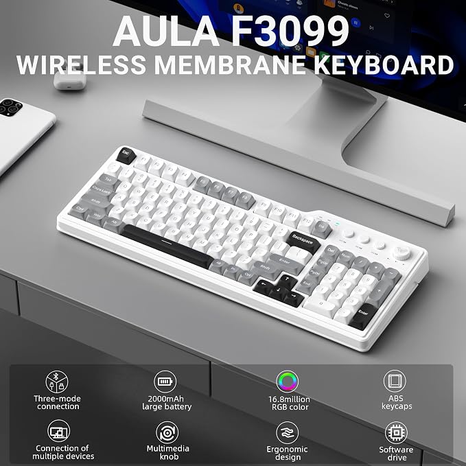 Aula F3099 Wireless Keyboard with Media Knob, Tri-Mode BT5.0/2.4GHz/USB-C Cute Creamy Keyboard with Number Pad, RGB Backlit Gaming Keyboard, Quiet Typing Computer Keyboards for Office Laptop/PC
