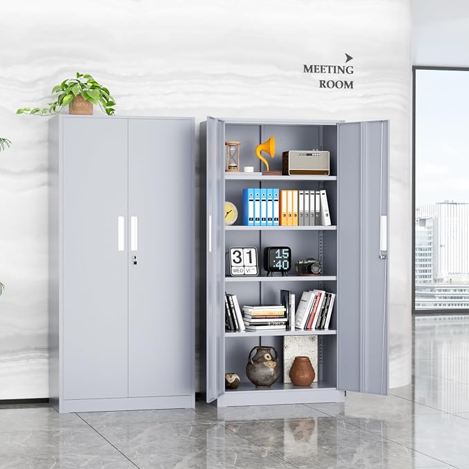 Metal Storage Cabinet, 72" Locking Steel Cabinets with 2 Door and 4 Adjustable Shelves, Tall Metal Cabinet for Home Office, Garage, Warehouse,(Cement)
