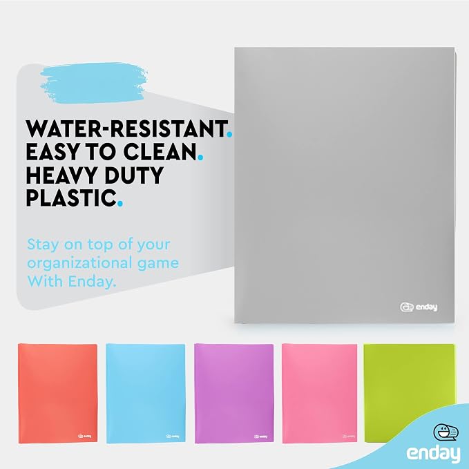 Plastic Folders with Pockets and Prongs Grey - Two Pocket Folder with Brads - 3 Prong Folders with Pockets for Letter Size Sheets, Also Available in Blue, Green, Red, Pink, and Purple, 1 Pc –by Enday